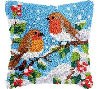 FFDONGTEGO Latch Hook Pillow Kit for Adults & Kids,Christmas Snow Scene,Birds on Branches,DIY Pre-Printed Cross-Stitch Embroidery Canvas Cushions Craft,17X17 Inch Holiday,Christmas,Gifts