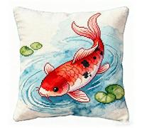 FFDONGTEGO Latch Hook Pillow Kit for Adults,Koi Fish in The Pond,DIY Cushion Making Crochet Hook 43x43cm,Color Preprinted Pattern Needlework Pillow Cover Kits,17x17in