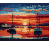 FFDONGTEGO Latch Hook Rug Kit for Adults,Fishing Boats on The Beach at Sunset,Easy-to-Follow Patterns Crochet Tapestry Craft Kits for A Relaxing,Rewarding Hobby,Home Decoration Festival,Gift,52x38cm