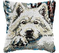 FFDONGTEGO Winter Snow Scene Latch Hook Cushion Kits 43x43cm,Samoyed Dog in The Forest,Latch Hook Pillow Case Kits,DIY Needlework Pillow Cover Sofa Cushion for Adults Kids