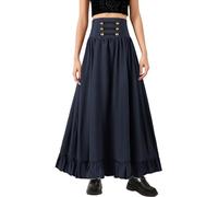 FFEOYA Ladies Victorian Long Skirts Ruffle Hem Skirt Medieval Renaissance Skirts Elastic High Waist Skirt with Back Lacing Wear for Steampunk Party Blue