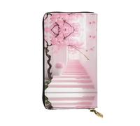 FFGhjk Pink cherry blossom staircase Patterned leather long wallet with zipper compartment for women. Checkbook and credit card holder.