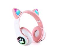 FFKQHCF Cat Ear Wired Over-Ear Foldable Bluetooth Headphones with Card Slot, Android, Cool LED Lights (Cartoon, Pink)