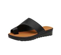FFMA Women's Sandals Comfortable Flat PU Leather Slippers Bunion Corrector Orthopedic Casual Non-Slip Breathable Orthopedic Shoes Travel Summer Beach, Black, 25.0 cm