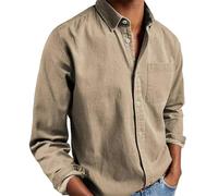Ffmani Shirts Men's Vintage Button Down Long Sleeve Basic Shirts，Lapel Business Slim Fit Dress Shirt，Solid with Pockets Cardigan (Khaki,S)
