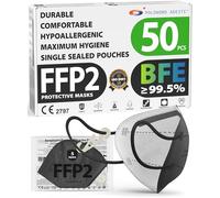FFP2 NR D Masks Pack of 50 - Black, CE certified, controlled supply chain, comfortable, hypoallergenic, and adjustable elastic bands. Safe: filtration in wear simulation 99.5%. Single sealed pouches