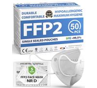 FFP2 NR D Masks Pack of 50 - UKCA certified, controlled supply chain, comfortable, hypoallergenic, and adjustable elastic bands. Safe: filtration in wear simulation 99,5%. Single sealed pouches