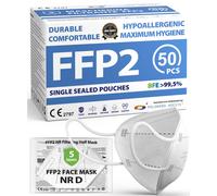 FFP2 NR D Masks Pack of 50 - UKCA Certified, Controlled Supply Chain, Comfortable, Hypoallergenic, and Adjustable Elastic Bands. Safe: Filtration in