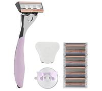FFS Beauty Starter Shaving Set for Women - Premium Customised Metal Razor Handle with Personalised Engraving, Shower Holder, Travel Pouch, 4 SmoothGlide 6-Blade Cartridges (Blossom)