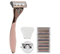 FFS Beauty Starter Shaving Set for Women - Premium Customised Metal Razor Handle with Personalised Engraving, Shower Holder, Travel Pouch, 4 SmoothGlide 6-Blade Cartridges (Rose Gold)