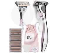 FFS Beauty Starter Shaving Set for Women - Premium Metal Razor Handle, Shower Holder, Travel Pouch, 4 SmoothGlide 6-Blade Cartridges with Vitamin E Lubrication Strip (Blossom)