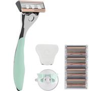 FFS Beauty Starter Shaving Set for Women - Premium Metal Razor Handle, Shower Holder, Travel Pouch, 4 SmoothGlide 6-Blade Cartridges with Vitamin E Lubrication Strip (Olive)