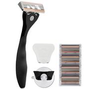 FFS Beauty Starter Shaving Set for Women - Premium Metal Razor Handle, Shower Holder, Travel Pouch, 4 SmoothGlide 6-Blade Cartridges with Vitamin E Lubrication Strip (Onyx)