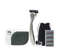 FFS Beauty Ultimate Personalised Grooming Kit - For Men. Personalised reusable razor, razor heads, lazyfella 4in1 soap, pouch, shower hook, personalised tin
