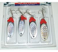 FFTⓇ 4 X PACK SUPER CATCH DEXTER STYLE WEDGE SPINNER LURES 28g 38g 50g 65g BEACH BOAT TREBLE HOOK (2 x 28g, 2 x 38g)