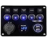 FFT IP65 Waterproof 12V/24V Switch Panel, Toggle Switch Panel, Dual USB Charger Port 4.2A, Lighter Socket, Digital Voltmeter Display, Car Rocker Switches for Car Boat RV Truck Campervan(Blue)
