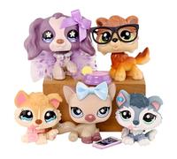 FFTYAOPB 5PCS Mini Pet Toys Set,Cocker Spaniel #672 Sitting Cat #664 Baby Husky Wolf with Skirt Bowknot Necklace Glasses Bowl Decor Accessories