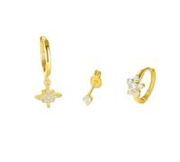 FFWTPY 3 Piece 14k Solid Earring Set Diamond Studs Huggie Hoops Dangle Drop Jewelry Collection Women Elegant Minimalist Accessories