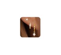 FFWTPY 3 Piece 14k Solid Earring Set Diamond Studs Huggie Hoops Dangle Drop Jewelry Collection Women Elegant Minimalist Accessories