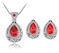 FFWTPY Bridal Wedding Necklace and Earring Set for Women - Blue Sapphire & Sparkling Crystal Pendant Jewelry, Prom Party Accessories Gift for Ladies Girls (Sparkling Red)