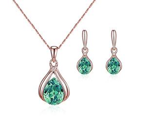 FFWTPY Jewellery Sets for Women Crystal Necklace and Earrings Set for wedding Rose Gold Teardrop Pendant Necklace Set Gift for Birthday Christmas Valentine’s day (emerald)
