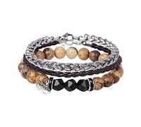 FFWTPY Layered Bracelet Set Natural Turquoise Beads Stainless Steel Chain Braided Leather Wristband Stack Jewelry