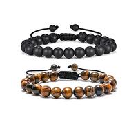 FFWTPY Natural Stone Beaded Bracelet Set Adjustable Braided Cord Matte Onyx Tiger Eye Gemstone Stretch Wristband Handmade Jewelry