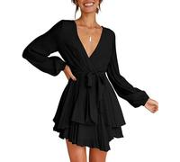 FFWTPY Womens Sexy Mini Dress V Neck Wrap Long Sleeve Dresses Party Club Ruched Lantern Sleeve Elegant Ruffle Trim Casual Short Wrap Dress Clubwear with Belted