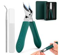 FFyeiiy Upgraded Eagle Beak Nail Clippers Set (Green) - 3PC Slanted Ultra Sharp Clippers for Men/Women, with Long Handle, Wide Jaw & Anti-Splash Design, Includes Nail File + Tear Tool