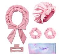 Fgail Heatless Hair Curler and Double Layer Satin Bonnet Set for Overnight Curls - No Heat Curling Rod with silk Bonnet, Sleep-In Safe for Long/Medium Hair, Frizz-Free Waves & Volume(Pink)