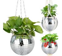 FGBNM 6" Disco Ball Planter, Disco Ball Plant Hanger with Hanging Rope, Hanging Chain, Hook, Circle and Extra Mirror Pieces (6" Silver, 1pcs)