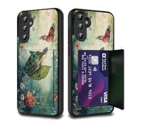 FGDRFGRW Card Holder Credit Card Wallets Case,Dual Layer Hybrid Shockproof Drop Protection with Kickstand Feature Case for Galaxy S22 5G 6.1",Turtle Butterfly Leaf