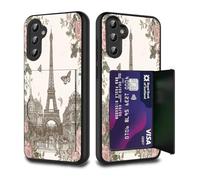 FGDRFGRW Card Holder Credit Card Wallets Case,Dual Layer Hybrid Shockproof Drop Protection with Kickstand Feature Case for Galaxy S23 5G 6.1",Paris Tower Rose Butterfly