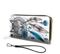 FGDRFGRW Wallet,Large Capacity RFID Blocking Leather Wallet, Durable Smooth Zipper Clutch,Unisex Travel Wallet for Cards,Cash,and Coins, Wolf Dream Catcher, Modern