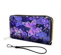 FGDRFGRW Wallet,Large Capacity RFID Blocking Leather Wallet, Durable Smooth Zipper Clutch,Unisex Travel Wallet for Cards,Cash,and Coins, 883-Purple Butterfly Flower, Wallet, Minimalist