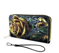 FGDRFGRW Wallet,Large Capacity RFID Blocking Leather Wallet, Durable Smooth Zipper Clutch,Unisex Travel Wallet for Cards,Cash,and Coins, 601-Golden Rose Butterfly, Wallet, Minimalist