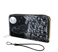 FGDRFGRW Wallet,Large Capacity RFID Blocking Leather Wallet, Durable Smooth Zipper Clutch,Unisex Travel Wallet for Cards,Cash,and Coins, 572-Moonlight Black Cat, Wallet, Minimalist