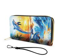 FGDRFGRW Wallet,Large Capacity RFID Blocking Leather Wallet, Durable Smooth Zipper Clutch,Unisex Travel Wallet for Cards,Cash,and Coins, 1078-Dolphin Coconut Tree Sunset, Wallet, Minimalist