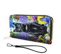 FGDRFGRW Wallet,Large Capacity RFID Blocking Leather Wallet, Durable Smooth Zipper Clutch,Unisex Travel Wallet for Cards,Cash,and Coins, 380-Black Cat Lavender Butterfly, Wallet, Minimalist