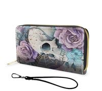FGDRFGRW Wallet,Large Capacity RFID Blocking Leather Wallet, Durable Smooth Zipper Clutch,Unisex Travel Wallet for Cards,Cash,and Coins, 742-Goth Skull Rose, Wallet, Minimalist