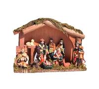 FGDTREE Permanent Religious Birth Manger Display with Oaken Stable and Rosin Figures Holiday Birth Scene Decorations