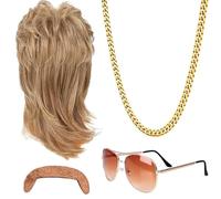 FGen 80s Blonde Mullet Mens Headband Wigs, Fancy Party Dress Gold | Set includes blonde mule wig, large gold chain, sunglasses and fake mustache.