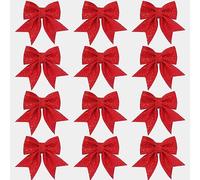 FGen Pack of 12 Christmas Bows, 12 x 15 cm Christmas Tree Bows, Glitter Bows Christmas Decoration, for Christmas Tree, Christmas Wreath, Gift Decoration, Wedding (Red)