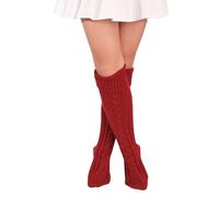 FGFD&OU Women's Knee Stockings, Knitted Overknee Socks, Thick Warm Over Knee Stockings, Traditional Stockings, Chunky Knit Winter Socks, Thermal Socks, Long Christmas Socks for Women (Wine Red)