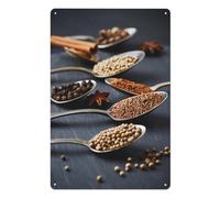 FGHRR Assortment of Natural Spices On Vintage Spoons On Dark Slatemetal Tin Wall Rusty Retro Looking Sign Poster Gifts Cafes Bar Club Office Store Yard Garage 12X8 Inch