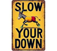 FGHRR Slow Your Down Donkey Running Metal Sign Metal Tin Wall Rusty Retro Looking Sign Poster Gifts Cafes Bar Club Office Store Yard Garage 12X8 Inch