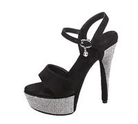 FgigcvE Women's 15CM Super High Stiletto Platform Sandals, Suede Rhinestone Peep Toe Heels with Ankle Buckle, for Nightclub & Runway,Black,3 UK