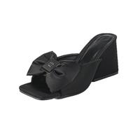 FgigcvE Women's Open Toe Square Toe Slide Sandals, Elegant Satin Bow Slip-On Mules, for Wedding Party Travel Vacation,Black,4.5 UK