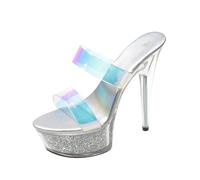 FgigcvE Women's Round Toe Open Toe Clear Strap Slide Sandals, 15CM Stiletto Heel Platform Mules, for Wedding Prom,Silver,4.5 UK