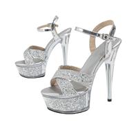 FgigcvE Women's Silver Glitter Open Toe Stiletto Sandals, 15CM Thin High Heels, Evening Party Footwear for Nightclub Model Show,Silver,2.5 UK